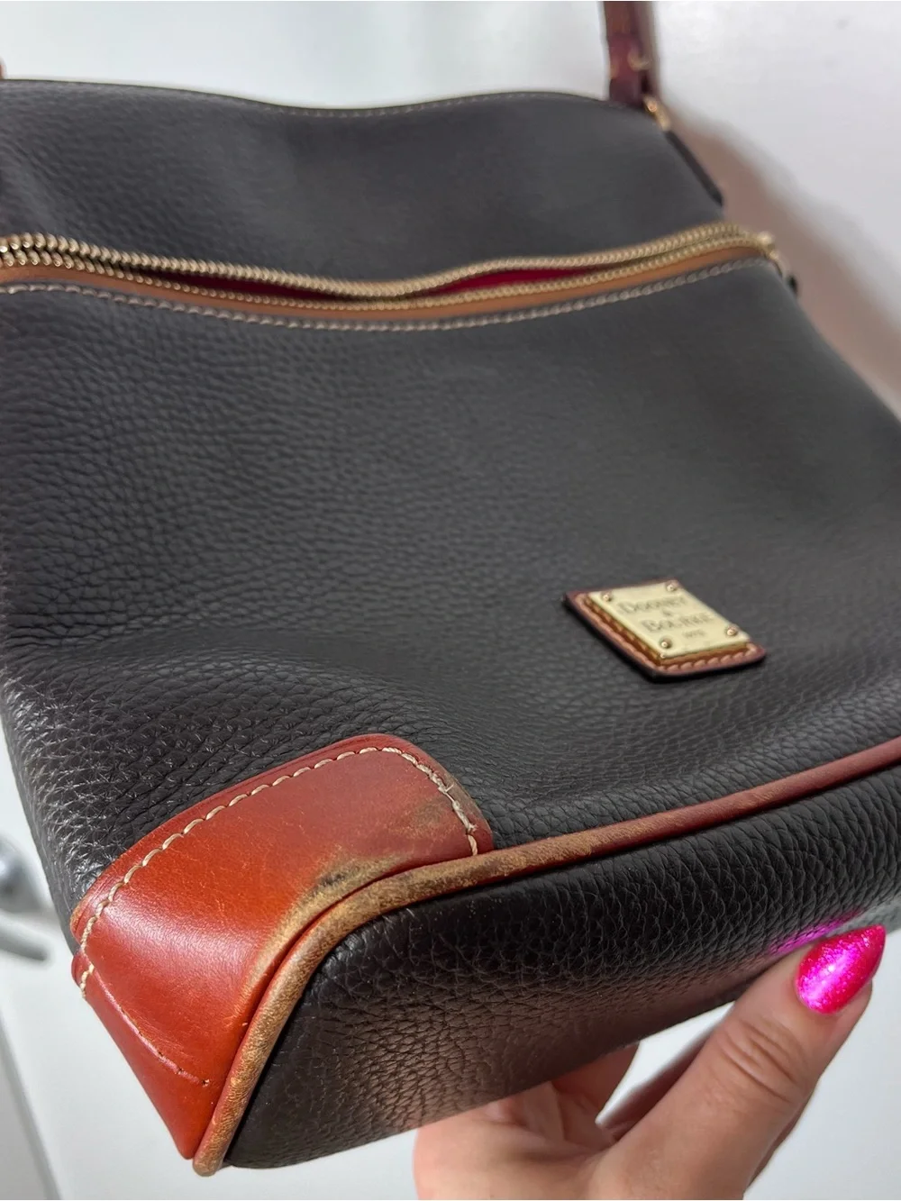 Dooney & Bourke Black Pebbled Leather Crossbody with Brown Trim As Is